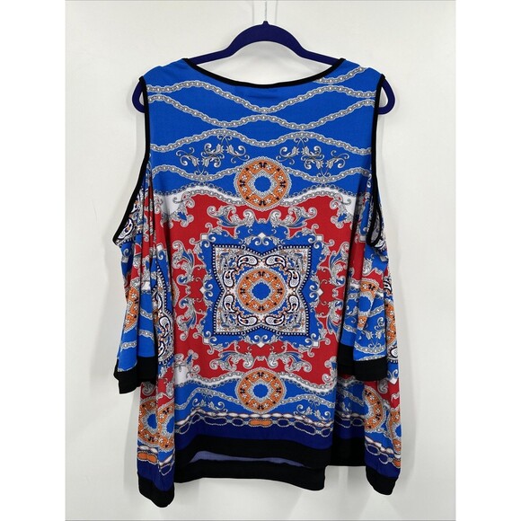 Susan Graver 3X Liquid Knit Top Blue Red Printed Cold Shoulder Casual BOHO - Picture 3 of 8